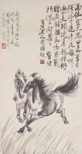 A CHINESE PAINTING SCROLL OF HORSE AND CALLIGRAPHY, SIGNED X...