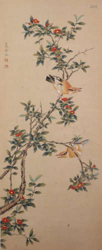 A CHINESE PAINTING SCROLL OF FLOWERS AND BIRD