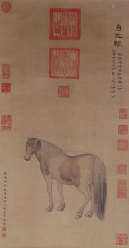 A CHINESE PAINTING SCROLL OF HORSE, SIGNED LANG SHINING