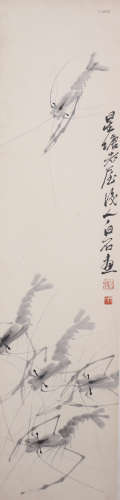 A CHINESE PAINTING SCROLL OF SHRIMPS, SIGNED QI BAISHI