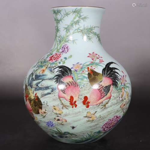 A INSCRIBED FAMILLE ROSE ROOSTER GROUP GLOBULAR VASE