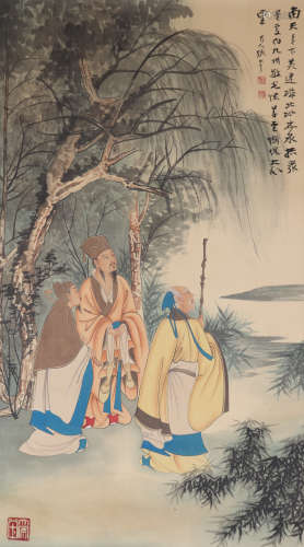 A CHINESE PAINTING SCROLL OF SCHOLARS, SIGNED ZHANG DAQIAN