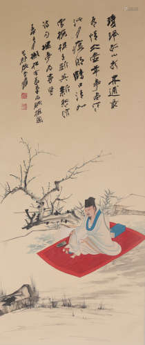 A CHINESE PAINTING SCROLL OF FIGURE AND POEM CALLIGRAPHY, SI...