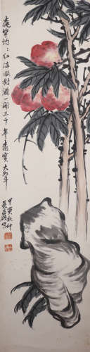 A CHINESE PAINTING SCROLL OF PEACHES, SIGNED WU CHANGSHUO
