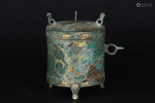 A GOLD INLAYING BRONZE CYLINDRICAL TRIPOD CENSER AND COVER