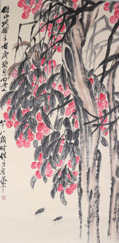 A CHINESE PAINTING SCROLL OF FLOWERS, SIGNED QI BAISHI