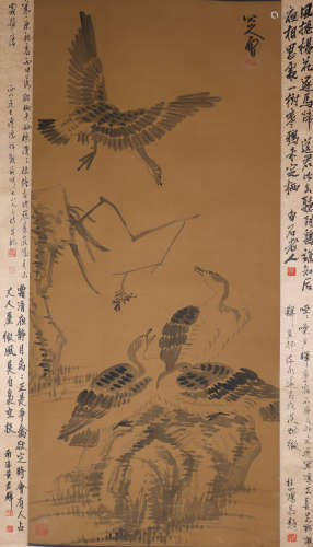 A CHINESE PAINTING SCROLL OF EAGLE AND DUCKS, SIGNED BADASHA...