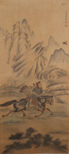 A CHINESE PAINTING SCROLL OF FIGURE HUNTING