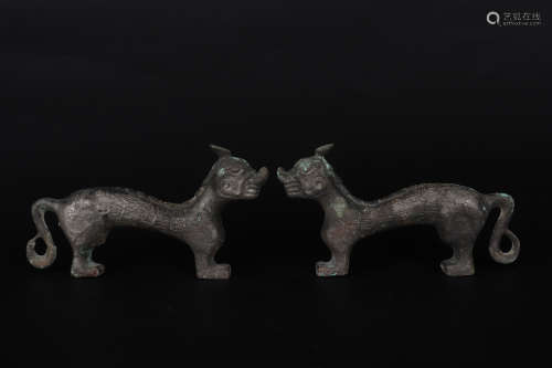 A PAIR OF BRONZE TIGER ORNAMENTS