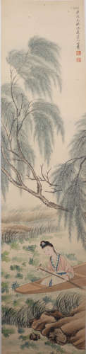 A CHINESE PAINTING SCROLL OF A LADY BENEATH WILLOW TREE, SIG...