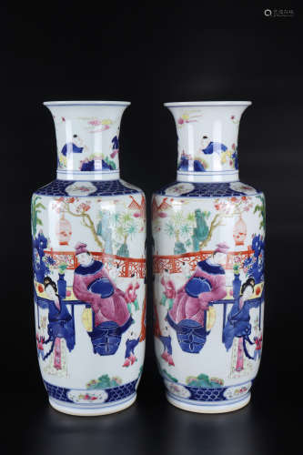 A PAIR OF FAMILLE ROSE FIGURE STORY ROULEAU VASE