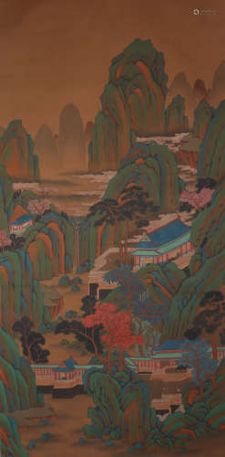 A CHINESE PAINTING SCROLL OF LANDSCAPE, SIGNED QIU YING
