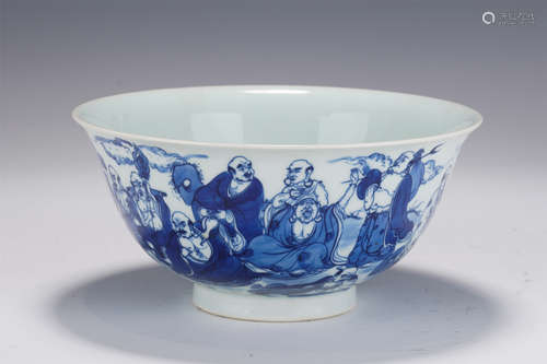 A BLUE AND WHITE ARHATS GROUP BOWL