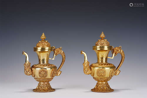 PAIR TIBETAN GILT-BRONZE EWERS