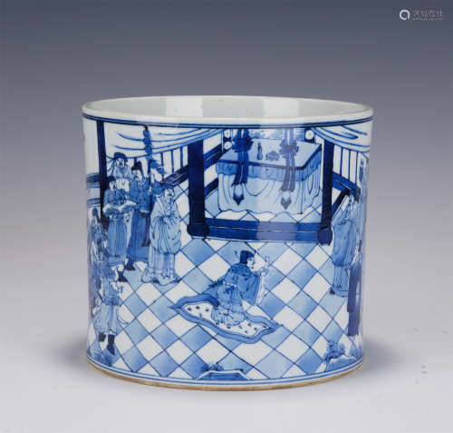 A BLUE AND WHITE FIGURAL BRUSH-POT
