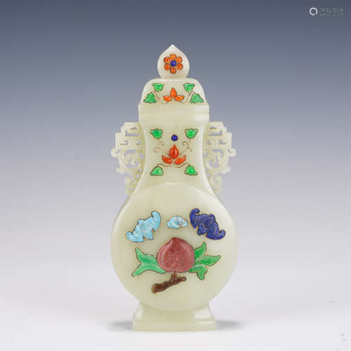 A HARDSTONES INLAID WHITE JADE VASE QING DYNASTY