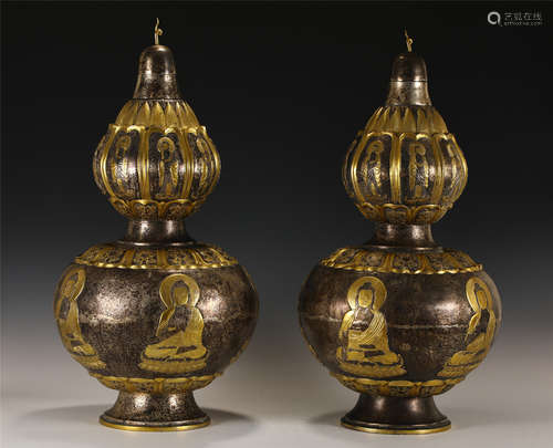 PAIR RARE BRONZE PARCEL GILT DOUBLE GOURDS