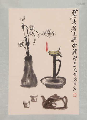 A CHINESE PAINTING OF FLOWERS, OIL LAMP AND TEA WARES