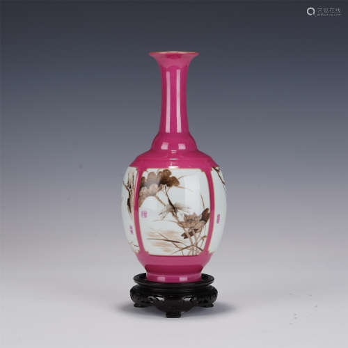 A PINK ENAMEL GROUND AND GRISAILLE GLAZED VASE