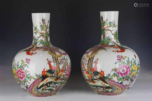 PAIR FAMILLE ROSE GLOBULAR VASES