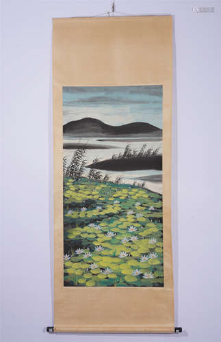 A CHINESE PAINTING HANGING SCROLL OF RIVERBANK