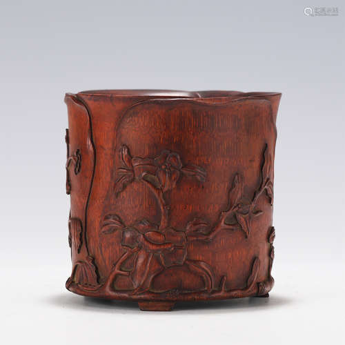 A CARVED BAMBOO BRUSH-POT