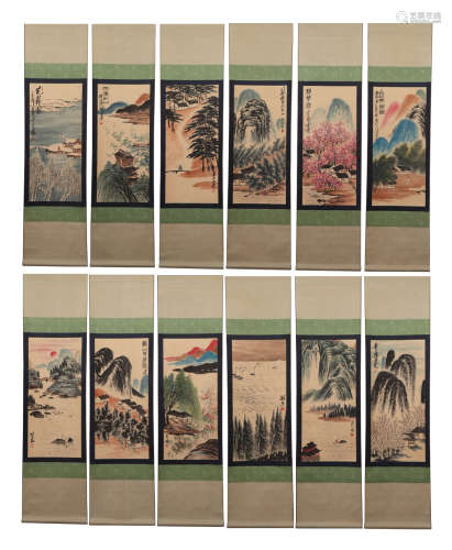 TWELVE CHINESE LANDSCAPE-AND-FIGURES PAINTING PANELS