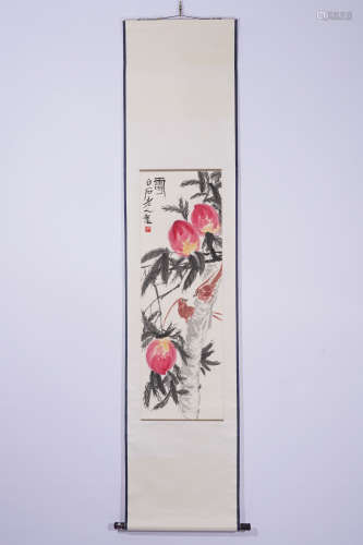 A CHINESE PAINTING HANGING SCROLL OF PEACHES