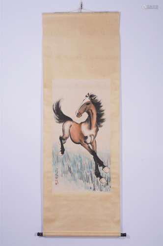 A CHINESE PAINTING HANGING SCROLL OF GALLOPING HORSE