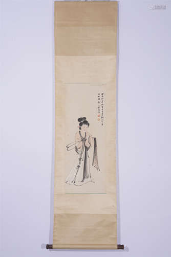 A CHINESE PAINTING HANGING SCROLL OF STANDING BEAUTY