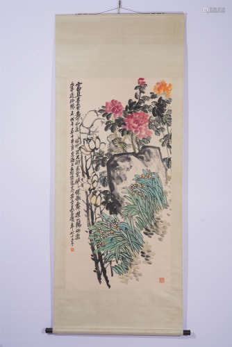 A CHINESE PAINTING HANGING SCROLL OF FLORAL ON ROCK