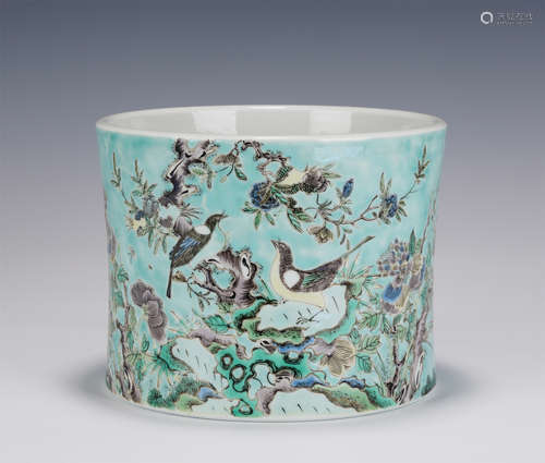 A FAMILLE VERTE FLORAL AND BIRD BRUSH-POT