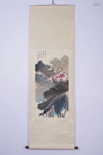 A CHINESE PAINTING HANGING SCROLL OF LOTUS POND