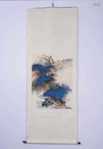 A CHINESE PAINTING HANGING SCROLL OF BLUE LANDSCAPE