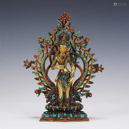 A TIBETAN HARD-STONES INLAID STANDING GUANYIN