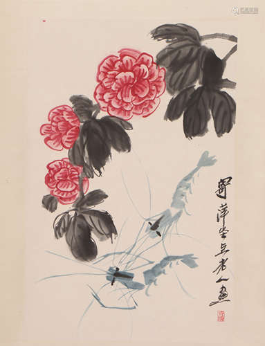 A CHINESE PAINTING OF FLOWERS AND SHRIMPS