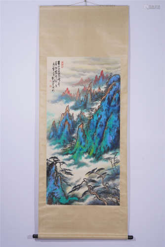 A CHINESE PAINTING HANGING SCROLL OF BLUE AND GREEN LANDSCAP...
