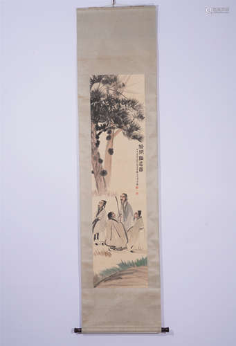 A CHINESE PAINTING HANGING SCROLL OF SCHOLARS UNDER THE PINE