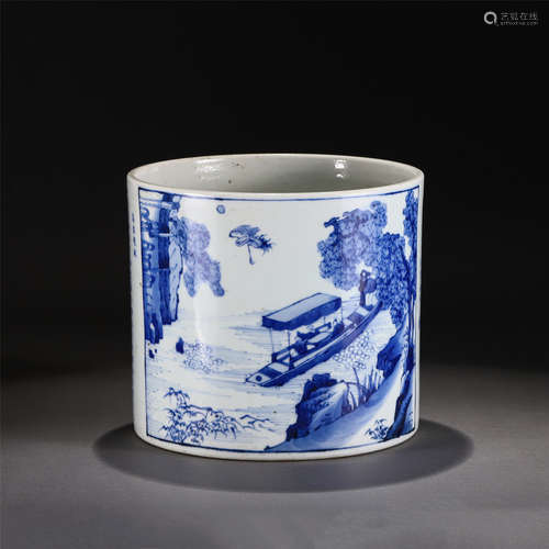 A BLUE AND WHITE LANDSCAPE BRUSHPOT