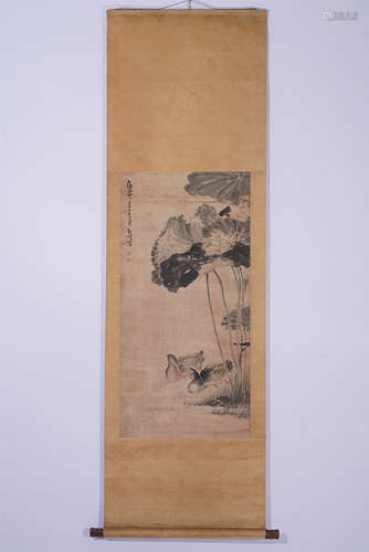 A CHINESE PAINTING HANGING SCROLL OF LOTUS POND