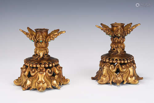 PAIR BRONZE-GILT CANDLESTICKS QING DYNASTY