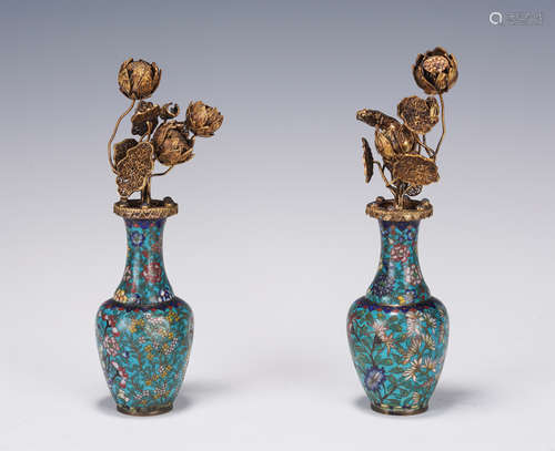 PAIR CLOISONNE ENAMEL SILVER VASES