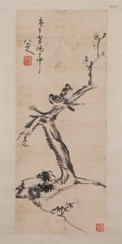 A CHINESE PAINTING OF BIRDS ON A TREE