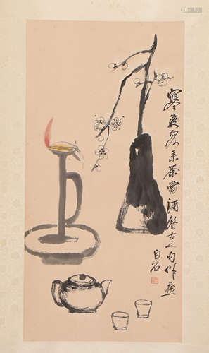 A CHINESE PAINTING OF FLOWERS, OIL LAMP AND TEA WARES