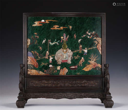 A HARD-STONES INLAID JADE ZITAN FRAMED TABLE SCREEN