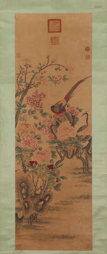 A CHINESE PAINTING OF FLOWERS AND BIRDS