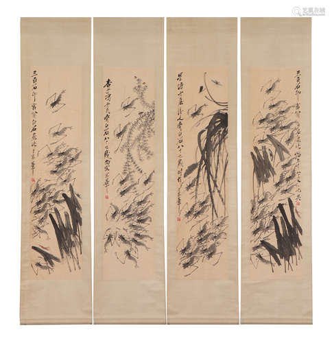 FOUR CHINESE PAINTING PANELS OF SHRIMPS