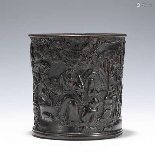 A CARVED ROSEWOOD ZITAN LANDSCAPE BRUSHPOT