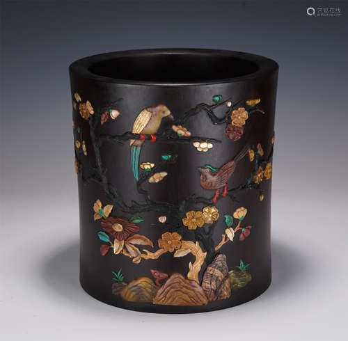 A HARDSTONES INLAID ROSEWOOD ZITAN BRUSHPOT