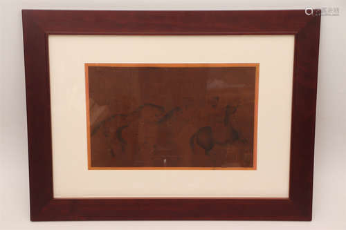 A FRAMED CHINESE PAINTING OF FIGURE AND HORSES